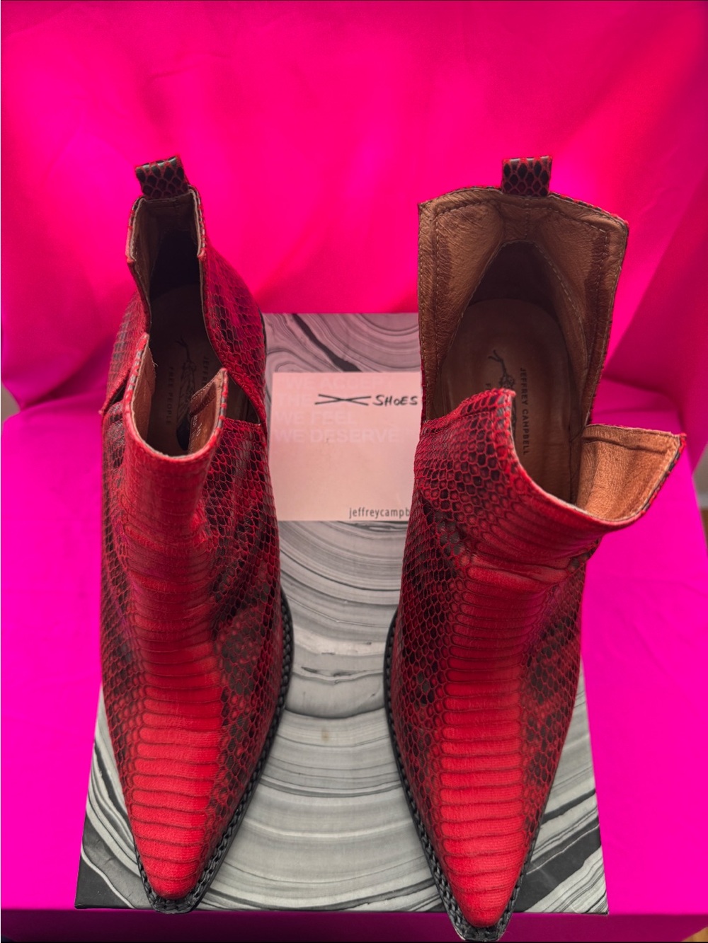 Jeffrey Campbell Red Snakeskin Pointed Ankle Booties